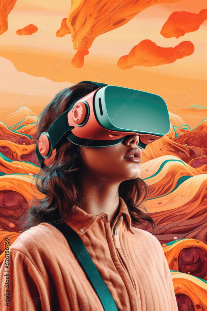 Girl with Virtual Headset in a Colorful Orange Background, Generative AI