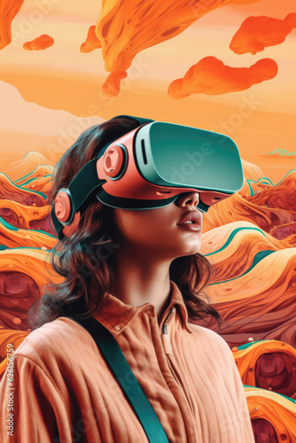 Girl with Virtual Headset in a Colorful Orange Background, Generative AI