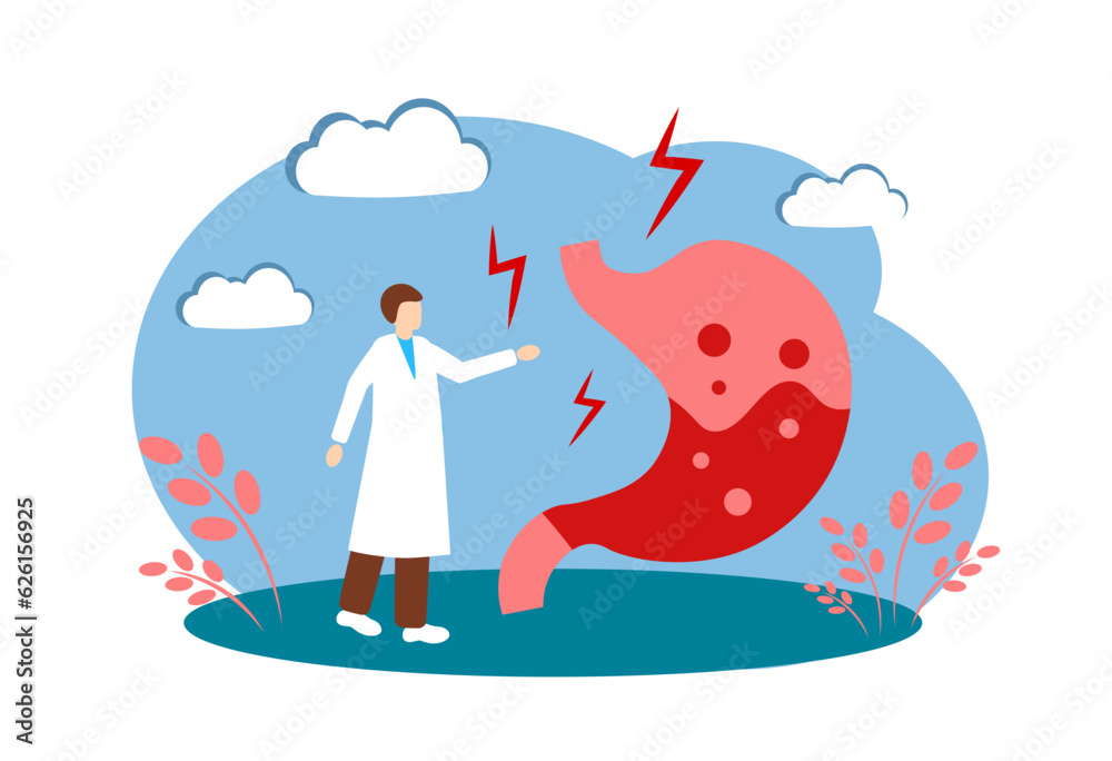 Stomach and doctor on a white background. Medicine. Vector illustration Stomach and doctor on a white background. Medicine. Vector illustration