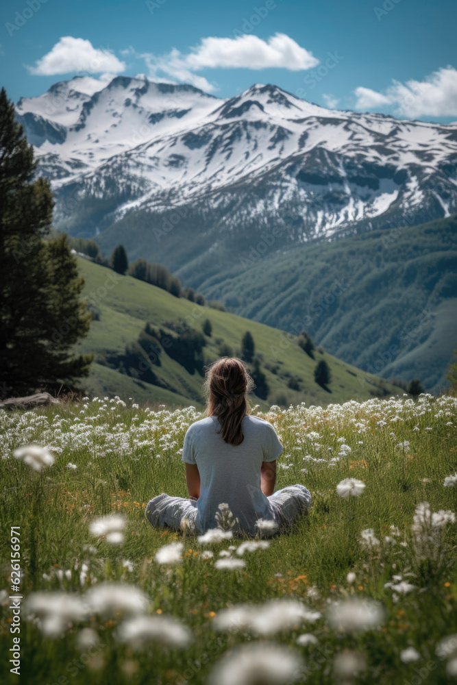 Serene Mountain Overlook: Woman in Lotus Position Amid Grassy Flower Mountain Generative AI