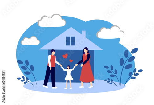 Mother, dad and daughter are standing near the house. A happy family. Vector illustration isolated on white background.