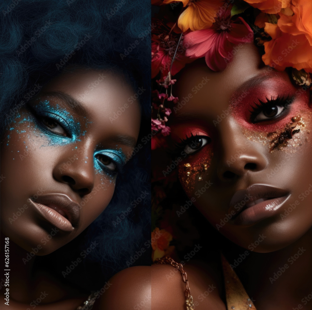 Two Beautiful African American Women with Colorful Makeup and Hair, Generative AI