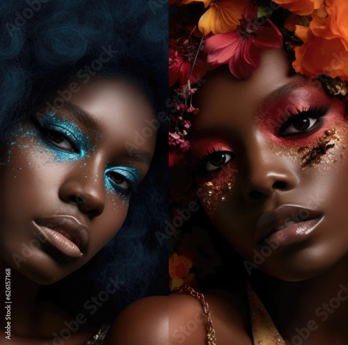Obraz na płótnie Two Beautiful African American Women with Colorful Makeup and Hair, Generative AI w salonie