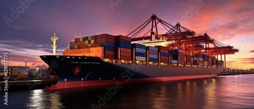 Loading container cargo at port terminal, Container ship docked at a dock. Container ship terminal, Unloading and quay crane of container ship at industrial port in evening, Generative AI