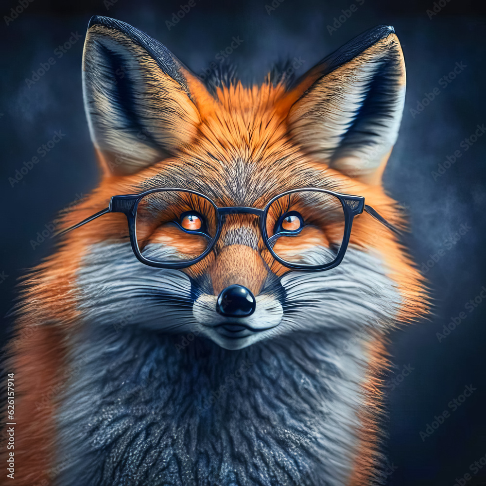 Fototapeta premium Wise animal with glasses. Portrait of a fox in glasses on a dark background