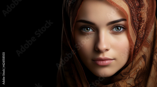 A stunning portrait of a young woman wearing a hijab, with her eyes reflecting strength and grace Generative AI