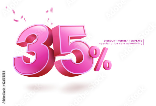 35 percent discount number template pink red 3d font. use for promotional advertisement in special sale Isolated on white background. illustrator vector file. photo