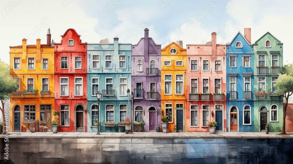 a row of colorful Dutch-style houses, AI-generative