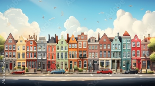 a row of colorful Dutch-style houses, AI-generative