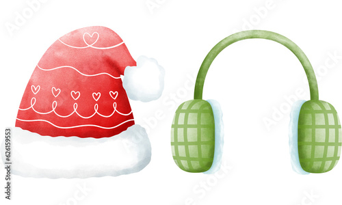 Festive watercolor red beanie hat with green earmuffs illustration for christmas clipart.