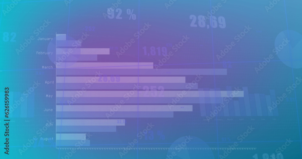 Composite of statistics and data processing over blue background