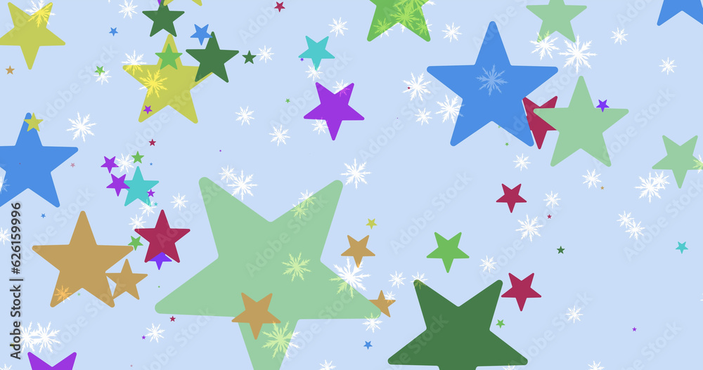 Composite of snow flakes and stars on blue background Composite of snow flakes and stars on blue background