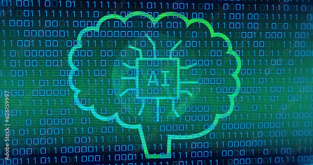 Composite of ai text and icons with binary coding on dark background Composite of ai text and icons with binary coding on dark background