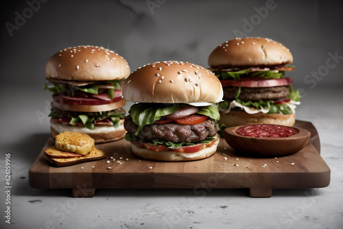 irresistible temptation of a trio of hamburgers with melted cheese, artfully captured in a mouthwatering product shot photo