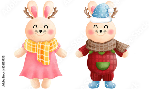 Set of festive christmas cute bunny clipart.Cute little bunny with antlers,scarf, beanie and winter costume.
