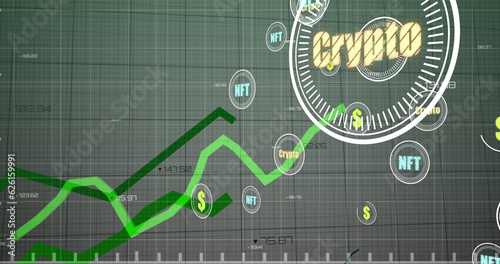 Image of green line graphs representing growth and circles with nft  crypto and dollar signs