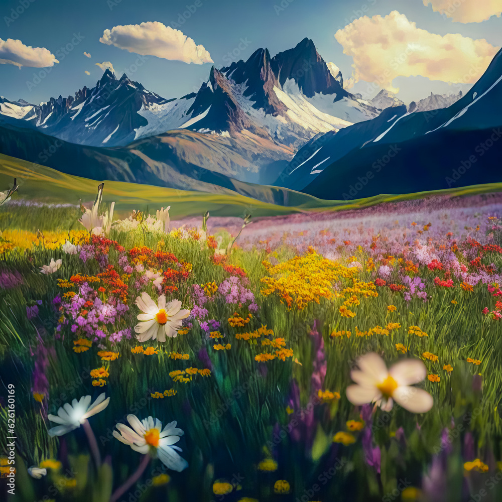 Fototapeta premium Pastoral landscape, alpine meadow with flowers and mountains