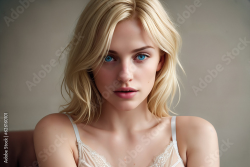 captivating blonde with striking blue eyes in this stunning headshot close-up  radiating timeless elegance and grace