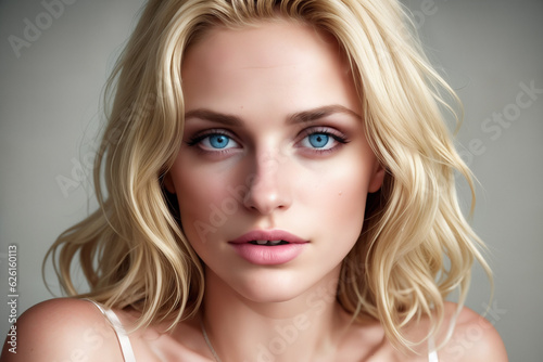 captivating blonde with striking blue eyes in this stunning headshot close-up, radiating timeless elegance and grace