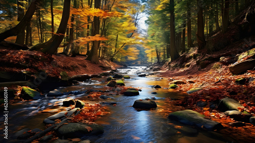 Autumn landscape with river and colorful trees in forest. Generative ai