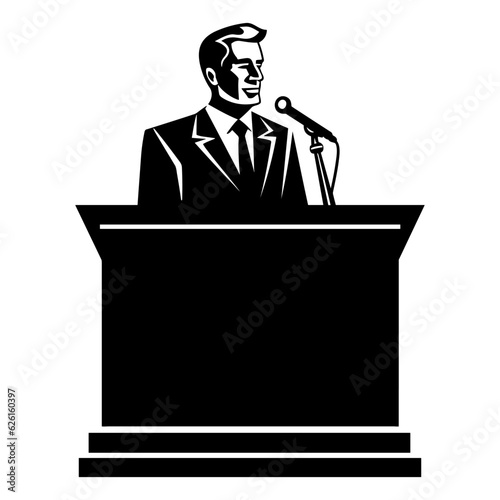 Politician debater in suit giving speech at podium on a stage logo black silhouette vector