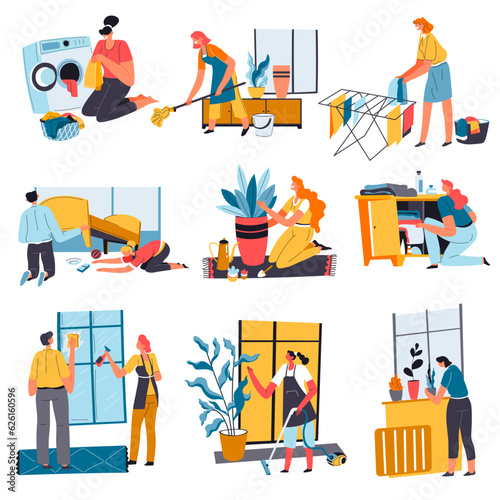Housework done by family, chores at home vector