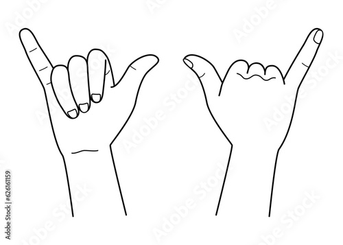 Vector line drawing illustration set of two hands in aloha pose
