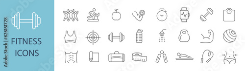 Fitness icons. Sports and fitness badges. Linear style. Vector image.