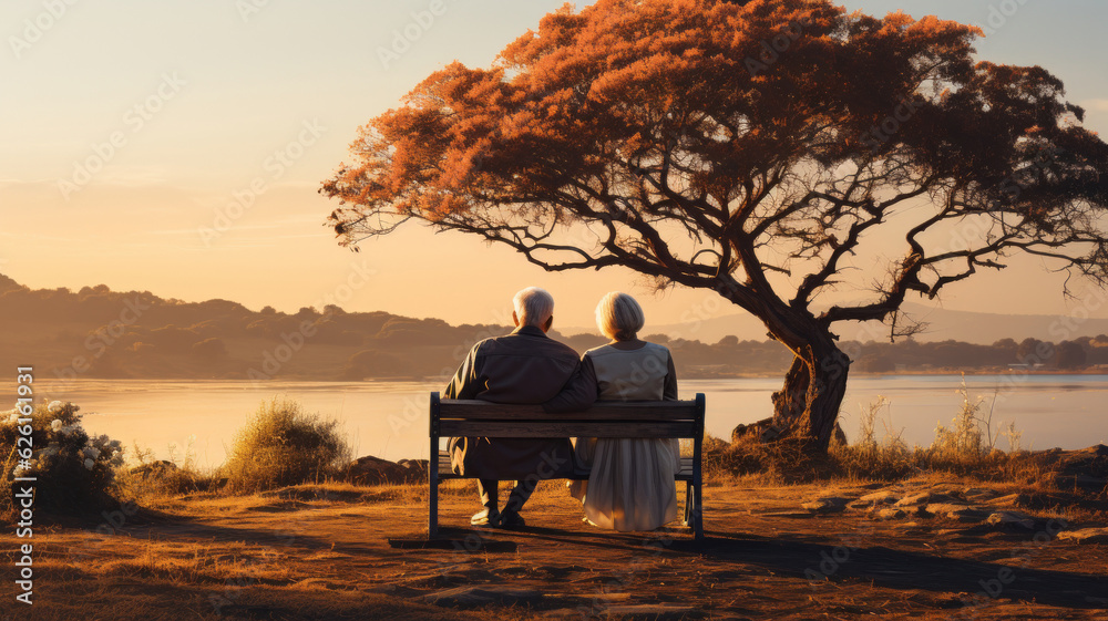 Older man and a old woman sitting on a wooden bench. AI Generated Older man and a old woman sitting on a wooden bench. AI Generated