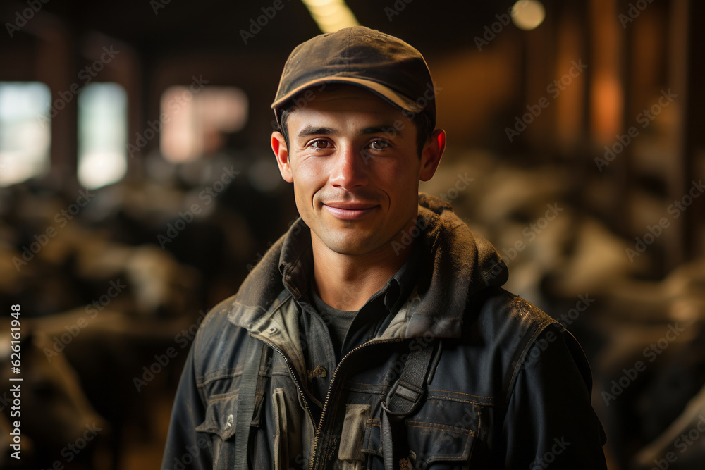 portrait a smiling young farmer in a barn feed cows. AI Generated portrait a smiling young farmer in a barn feed cows. AI Generated