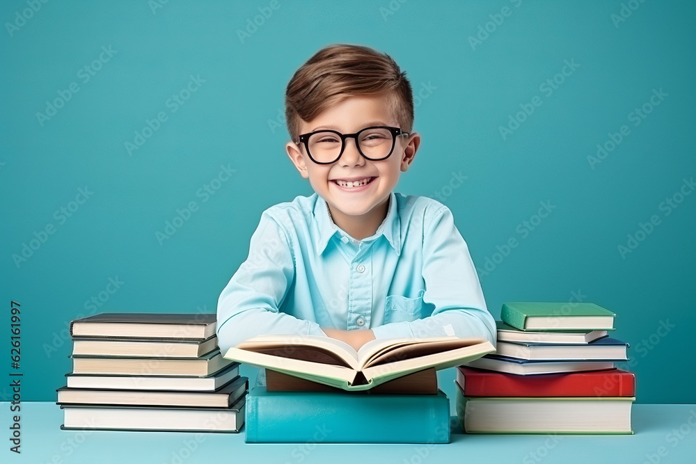 portrait of a happy child little boy with glasses sitting on a stack of books and reading a books, light blue background. AI Generated portrait of a happy child little boy with glasses sitting on a stack of books and reading a books, light blue background. AI Generated