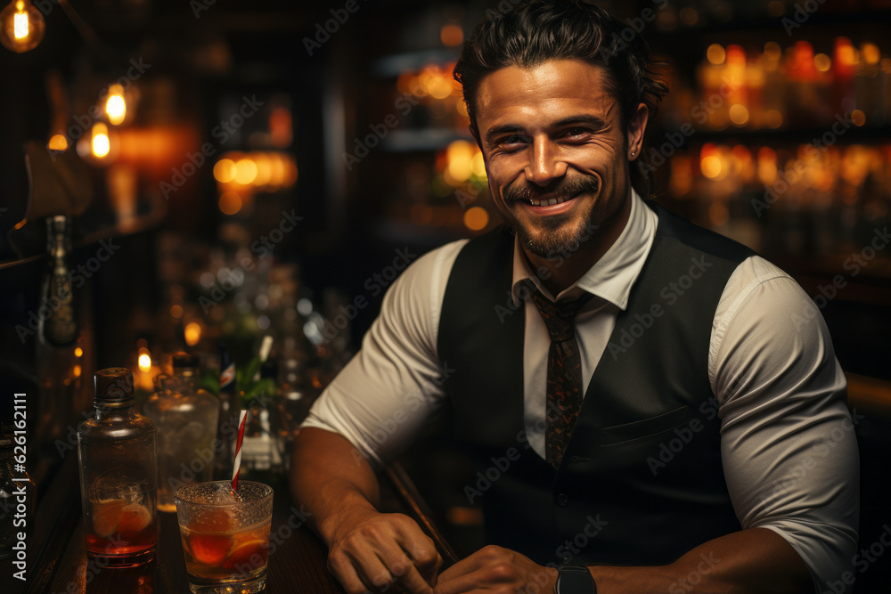 portrait smiling bartender mixes a cocktail in a shaker. AI Generated