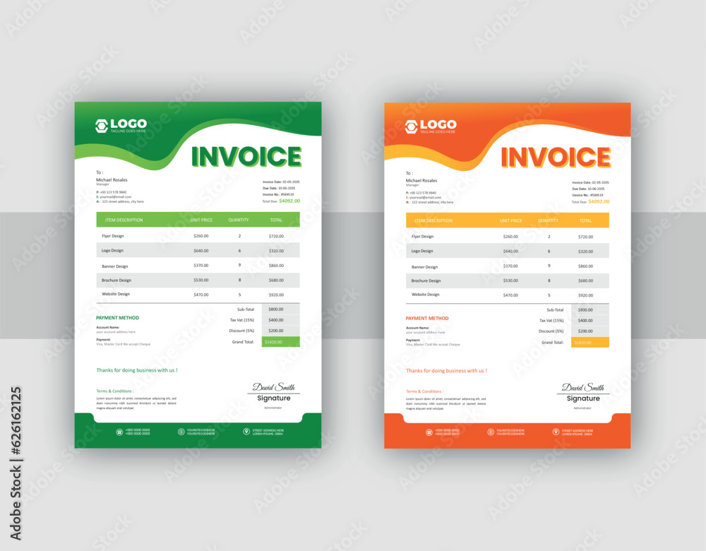Business invoice form template. Invoicing quotes, money bills or price invoices and payment agreement design templates