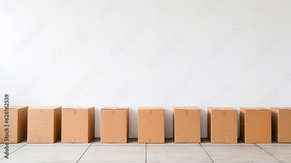 Obraz premium a row of cardboard boxes against a white wall, relocation. Generative AI