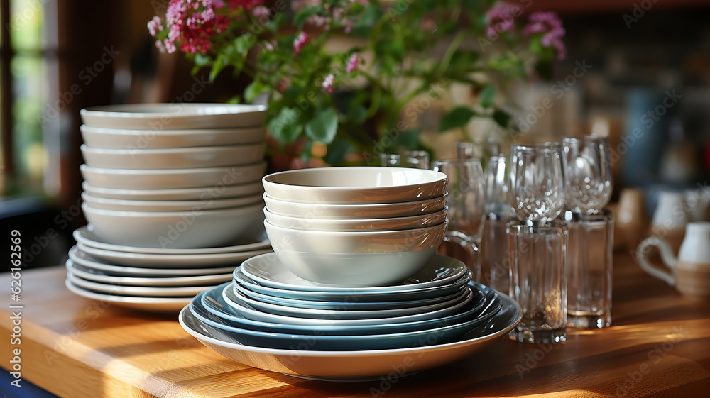 a stack of clean washed dishes in the kitchen indoor. Generative AI a stack of clean washed dishes in the kitchen indoor. Generative AI