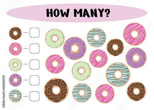 How many ?Counting game for children. Educational mathematical game. How many  donuts are there - count the number