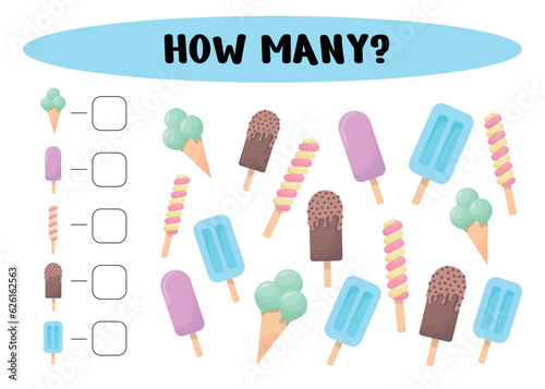 How many ?Counting game for children. Educational mathematical game. How many  ice creams are there - count the number