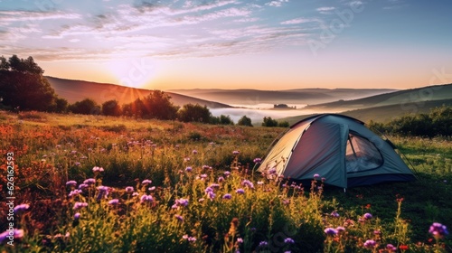 A backpacker s camping tent at beautiful green grass field and mountains.