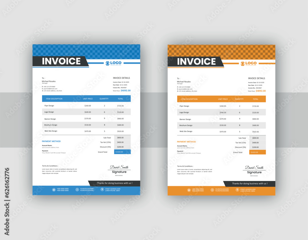 Invoice minimal design template. Bill form business invoice accounting or flat design sales invoice template
