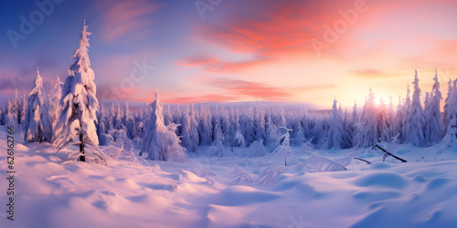 winter sunset landscape in the mountains with snow and fir trees © sam