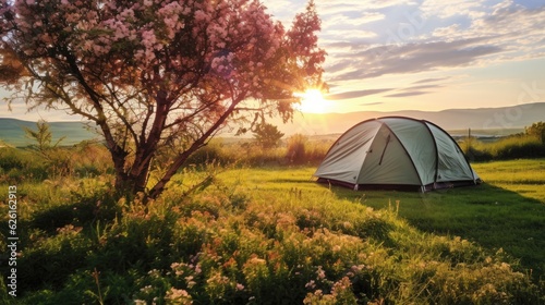 A backpacker's camping tent at beautiful green grass field and mountains.