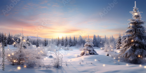 winter landscape in the mountains with snow fir trees and Christmas lights