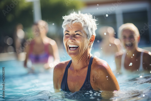 Active aging. Energetic group of senior women having a blast in a water aerobics session at an outdoor swimming pool, promoting fun, fitness and longevity in their golden years. © Microgen