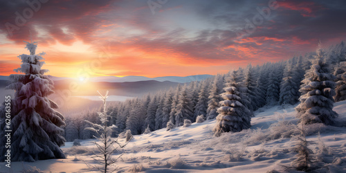 winter sunset landscape in the mountains with snow and fir trees