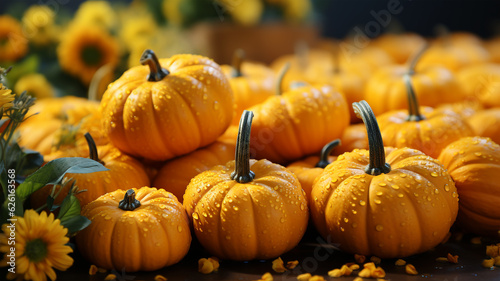 Autumn pumpkin harvest background, halloween, vegetarian and healthy eating concept