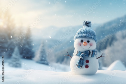Panoramic view of happy snowman in winter scenery. Close-up © Denis