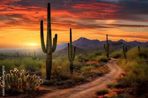 cactus in desert landscape at sunset