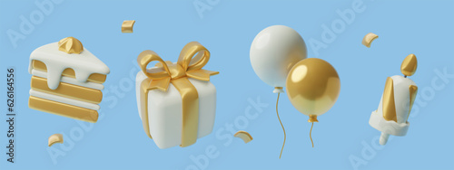 Birthday party cute realistic toy 3D elements set. Gift box, cake piece, balloons and burning candle
