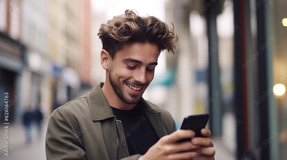 Happy man looking at his mobile in the street of a city. ia generate Happy man looking at his mobile in the street of a city. ia generate