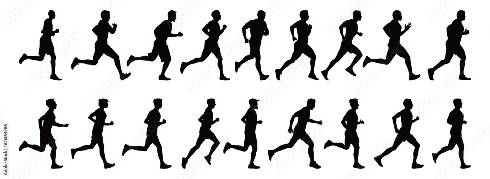 Running man silhouettes isolated on white background . Big set of male sprinter vector illustration Running man silhouettes isolated on white background . Big set of male sprinter vector illustration